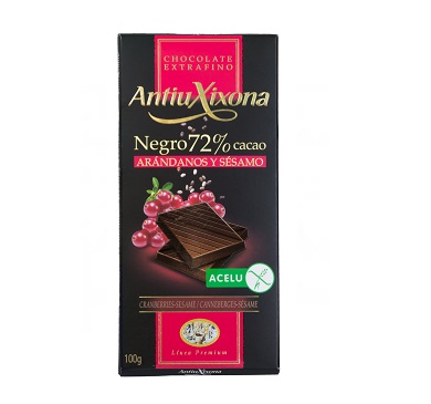 CHOCOLATE ANTIUXIXONA NEGRO CON ARANDANOS Y SESAMO5 GRAMOS